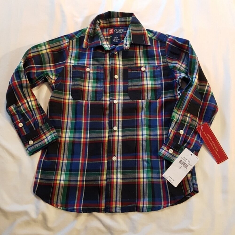 Chaps plaid boys size 5 long sleeved shirt, plaid, 2 pockets NWT